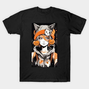 Anime Girl With Her Cat Hat T-Shirt